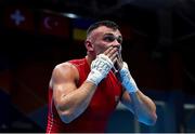 22 June 2019; Vadzim Pankou of Belarus celebrates following victory in his Men’s Middleweight preliminary round bout against Arjon Kajoshi of Albania at Uruchie Sports Palace on Day 2 of the Minsk 2019 2nd European Games in Minsk, Belarus. Photo by Seb Daly/Sportsfile