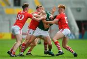 22 June 2019; Sean O'Brien of Kerry is tackled by Cork players, from left, Hugh Murphy, Patrick Campbell, Jack Cahalane and Ryan O’Donovan during the Electric Ireland Munster GAA Football Minor Championship Final match between Cork and Kerry at Páirc Ui Chaoimh in Cork.  Photo by Brendan Moran/Sportsfile