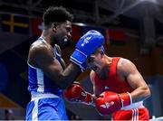 22 June 2019; Victor Yoka of France, left, in action against Serhat Güler of Turkey during their Men’s Middleweight preliminary round bout at Uruchie Sports Palace on Day 2 of the Minsk 2019 2nd European Games in Minsk, Belarus. Photo by Seb Daly/Sportsfile