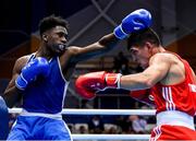 22 June 2019; Victor Yoka of France, left, in action against Serhat Güler of Turkey during their Men’s Middleweight preliminary round bout at Uruchie Sports Palace on Day 2 of the Minsk 2019 2nd European Games in Minsk, Belarus. Photo by Seb Daly/Sportsfile
