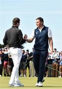 22 June 2019; James Sugrue of Mallow Golf Club, Co. Cork, right, is congratulated by Euan Walker of Kilmarnock, Barassie, on the 18th green during the final day of the R&A Amateur Championship at Portmarnock Golf Club in Dublin. Photo by Sam Barnes/Sportsfile