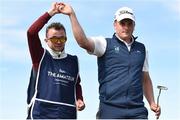22 June 2019; James Sugrue of Mallow Golf Club, Co. Cork, right, celebrates with his caddy Conor Dowling during the final day of the R&A Amateur Championship at Portmarnock Golf Club in Dublin. Photo by Sam Barnes/Sportsfile