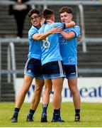 22 June 2019; Ross Keogh, David O'Dowd and Fionn Murray of Dublin celebrate after the Electric Ireland Leinster GAA Football Minor Championship semi-final match between Westmeath and Dublin at TEG Cusack Park in Mullingar, Co. Westmeath. Photo by Diarmuid Greene/Sportsfile
