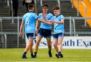 22 June 2019; David O'Dowd, Ross Keogh and Fionn Murray of Dublin celebrate after the Electric Ireland Leinster GAA Football Minor Championship semi-final match between Westmeath and Dublin at TEG Cusack Park in Mullingar, Co. Westmeath. Photo by Diarmuid Greene/Sportsfile