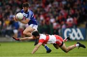 22 June 2019; Daniel O'Reilly of Laois in action against Chrissy McKaigue of Derry during the GAA Football All-Ireland Senior Championship Round 2 match between Derry and Laois at Derry GAA Centre of Excellence in Owenbeg, Derry. Photo by Ramsey Cardy/Sportsfile