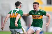 22 June 2019; Adam Curran of Kerry, right, celebrates with team-mate Kevin Goulding at the final whistle of the Electric Ireland Munster GAA Football Minor Championship Final match between Cork and Kerry at Páirc Ui Chaoimh in Cork.  Photo by Brendan Moran/Sportsfile