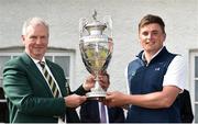 22 June 2019; James Sugrue of Mallow Golf Club, Co. Cork, is presented with the trophy by Portmarnock Golf Club Captain Tom O'Reilly following the final day of the R&A Amateur Championship at Portmarnock Golf Club in Dublin.  Photo by Sam Barnes/Sportsfile