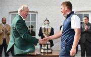 22 June 2019; James Sugrue of Mallow Golf Club, Co. Cork, is congratulated by Portmarnock Golf Club Captain Tom O'Reilly following the final day of the R&A Amateur Championship at Portmarnock Golf Club in Dublin.  Photo by Sam Barnes/Sportsfile