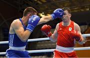 22 June 2019; Kieran Molloy of Ireland, right, in action against Goce Janeski of Macedonia during their Men’s Welterweight preliminary round bout at Uruchie Sports Palace on Day 2 of the Minsk 2019 2nd European Games in Minsk, Belarus. Photo by Seb Daly/Sportsfile