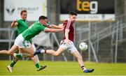 22 June 2019; James Dolan of Westmeath scores his side's first goal despite the efforts of Iain Corbett of Limerick during the GAA Football All-Ireland Senior Championship Round 2 match between Westmeath and Limerick at TEG Cusack Park in Mullingar, Co. Westmeath. Photo by Diarmuid Greene/Sportsfile