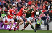 22 June 2019; David Moran of Kerry in action against Nathan Walsh and Ian Maguire of Cork during the Munster GAA Football Senior Championship Final match between Cork and Kerry at Páirc Ui Chaoimh in Cork.  Photo by Brendan Moran/Sportsfile