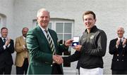 22 June 2019; Euan Walker of Kilmarnock, Barassie, is presented with his runners up medal by Portmarnock Golf Club Captain Tom O'Reilly following the final day of the R&A Amateur Championship at Portmarnock Golf Club in Dublin.  Photo by Sam Barnes/Sportsfile