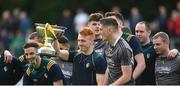 22 June 2019; Karl McDermott holds up the Lory Meagher Cup, as the winning Leitrim team are introduced to the crowd at half time during the GAA Football All-Ireland Senior Championship Round 2 match between Leitrim and Clare at Avantcard Páirc Seán Mac Diarmada in Carrick-on-Shannon, Leitrim. Photo by Daire Brennan/Sportsfile
