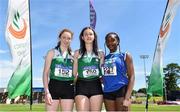 22 June 2019; Girls triple jump medallists from left, Ellen McNally of Holy Child Killiney, Co. Dublin, silver, Aisling McHugh of St Mary’s Naas, Co. Kildare, gold, Chisom Ugwueru of St. Flannan's College, Co. Clare, bronze, during the Irish Life Health Tailteann Inter-provincial Games at Santry in Dublin. Photo by Sam Barnes/Sportsfile