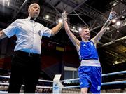 23 June 2019; Regan Buckley of Ireland following the victory in his Men's Light Flyweight bout against Bator Sagaluev of Russia at Uruchie Sports Palace on Day 3 of the Minsk 2019 2nd European Games in Minsk, Belarus. Photo by Seb Daly/Sportsfile