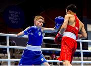 23 June 2019; Regan Buckley of Ireland, left, in action against Bator Sagaluev of Russia during their Men's Light Flyweight bout at Uruchie Sports Palace on Day 3 of the Minsk 2019 2nd European Games in Minsk, Belarus. Photo by Seb Daly/Sportsfile