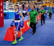 23 June 2019; Regan Buckley of Ireland makes his way to the ring prior to his Men's Light Flyweight bout against Bator Sagaluev of Russia at Uruchie Sports Palace on Day 3 of the Minsk 2019 2nd European Games in Minsk, Belarus. Photo by Seb Daly/Sportsfile
