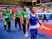 23 June 2019; Regan Buckley of Ireland leaves the ring following victory in his Men's Light Flyweight bout against Bator Sagaluev of Russia at Uruchie Sports Palace on Day 3 of the Minsk 2019 2nd European Games in Minsk, Belarus. Photo by Seb Daly/Sportsfile