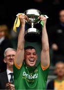 23 June 2019; Michael Flood of Meath lifts the cup after the Leinster Junior Football Championship Final match between Meath and Kildare at Croke Park in Dublin. Photo by Ray McManus/Sportsfile