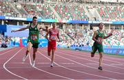 23 June 2019; Stephen Gaffney of Ireland, left, finishes second in the Men's 100m during Dynamic New Athletics qualification match three at Dinamo Stadium on Day 3 of the Minsk 2019 2nd European Games in Minsk, Belarus. Photo by Seb Daly/Sportsfile