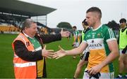 23 June 2019; Anton Sullivan of Offaly is congratulated by Mick McDonagh from Tullamore, Co. Offaly, following the GAA Football All-Ireland Senior Championship Round 2 match between Offaly and Sligo at Bord na Mona O'Connor Park in Tullamore, Offaly. Photo by Harry Murphy/Sportsfile