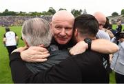 23 June 2019; Donegal Manager Declan Bonner, centre, celebrates with Donegal Chairman Mick McGrath and selector Karl Lacey after the Ulster GAA Football Senior Championship Final match between Donegal and Cavan at St Tiernach's Park in Clones, Monaghan. Photo by Oliver McVeigh/Sportsfile