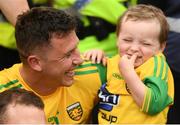 23 June 2019; Paul Brennan of Donegal with his 3 year old son Tadhg following the Ulster GAA Football Senior Championship Final match between Donegal and Cavan at St Tiernach's Park in Clones, Monaghan. Photo by Ramsey Cardy/Sportsfile