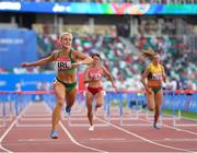 23 June 2019; Sarah Lavin of Ireland, left, finishes second in the Women's 100m hurdles during Dynamic New Athletics qualification match three at Dinamo Stadium on Day 3 of the Minsk 2019 2nd European Games in Minsk, Belarus. Photo by Seb Daly/Sportsfile