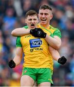 23 June 2019; Jamie Brennan celebrates with Donegal team-mate Patrick McBrearty after scoring his side's first goal during the Ulster GAA Football Senior Championship Final match between Donegal and Cavan at St Tiernach's Park in Clones, Monaghan. Photo by Ramsey Cardy/Sportsfile