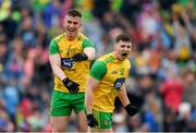 23 June 2019; Jamie Brennan celebrates with Donegal team-mate Patrick McBrearty after scoring his side's first goal during the Ulster GAA Football Senior Championship Final match between Donegal and Cavan at St Tiernach's Park in Clones, Monaghan. Photo by Ramsey Cardy/Sportsfile