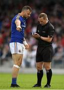 22 June 2019; Aidan McElligott of Longford protests to referee Derek O'Mahoney during the GAA Football All-Ireland Senior Championship Round 2 match between Longford and Tyrone at Glennon Brothers Pearse Park in Longford.  Photo by Eóin Noonan/Sportsfile