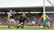 23 June 2019; Conor Rehill of Cavan misses a goal opportunity under pressure from Paddy McGrath, right, and Shaun Patton of Donegal during the Ulster GAA Football Senior Championship Final match between Donegal and Cavan at St Tiernach's Park in Clones, Monaghan. Photo by Sam Barnes/Sportsfile