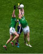 23 June 2019; Bryan Menton, left, and Seán Tobin of Meath contest a kickout with Michael Darragh Macauley of Dublin during the Leinster GAA Football Senior Championship Final match between Dublin and Meath at Croke Park in Dublin. Photo by Brendan Moran/Sportsfile