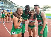 23 June 2019; Ireland team, from left, Catherine McManus, Brandon Arrey, Sinead Denny and Andrew Mellon following the 4x400 Mixed Relay during Dynamic New Athletics qualification match three at Dinamo Stadium on Day 3 of the Minsk 2019 2nd European Games in Minsk, Belarus. Photo by Seb Daly/Sportsfile