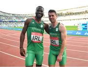 23 June 2019; Ireland athletes Brandon Arrey and Andrew Mellon following the 4x400 Mixed Relay during Dynamic New Athletics qualification match three at Dinamo Stadium on Day 3 of the Minsk 2019 2nd European Games in Minsk, Belarus. Photo by Seb Daly/Sportsfile