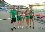 23 June 2019; Ireland team, from left, coach Dermot McGranaghan, Paul White, Vicky Harris, Amy O'Donoghue and Conall Kirk following The Hunt Mixed Medley Relay at Dinamo Stadium on Day 3 of the Minsk 2019 2nd European Games in Minsk, Belarus. Photo by Seb Daly/Sportsfile