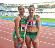 23 June 2019; Ireland athletes Catherine McManus and Sinead Denny following the 4x400 Mixed Relay during Dynamic New Athletics qualification match three at Dinamo Stadium on Day 3 of the Minsk 2019 2nd European Games in Minsk, Belarus. Photo by Seb Daly/Sportsfile