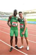 23 June 2019; Ireland athletes Brandon Arrey and Andrew Mellon following the 4x400 Mixed Relay during Dynamic New Athletics qualification match three at Dinamo Stadium on Day 3 of the Minsk 2019 2nd European Games in Minsk, Belarus. Photo by Seb Daly/Sportsfile