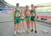 23 June 2019; Ireland team, from left, Paul White, Vicky Harris, Amy O'Donoghue and Conall Kirk following The Hunt Mixed Medley Relay at Dinamo Stadium on Day 3 of the Minsk 2019 2nd European Games in Minsk, Belarus. Photo by Seb Daly/Sportsfile