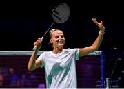 24 June 2019; Kristin Kuuba of Estonia celebrates after winning her Women's Badminton Singles group stage match against Maria Ulitina of Ukraine at Falcon Club on Day 4 of the Minsk 2019 2nd European Games in Minsk, Belarus. Photo by Seb Daly/Sportsfile