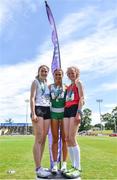 22 June 2019; Girls 1500m medallists, from left, Cara Laverty of Thornhill College, Co. Derry, Ava O’Connor of Scoil Chriost Ri, Portlaoise, Co Laois, gold, Joanne Loftus of J&M Gortnor Abbey Co. Mayo, bronze, during the Irish Life Health Tailteann Inter-provincial Games at Santry in Dublin. Photo by Sam Barnes/Sportsfile