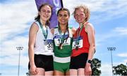 22 June 2019; Girls 1500m medallists, from left, Cara Laverty of Thornhill College, Co. Derry, Ava O’Connor of Scoil Chriost Ri, Portlaoise, Co Laois, gold, Joanne Loftus of J&M Gortnor Abbey Co. Mayo, bronze, during the Irish Life Health Tailteann Inter-provincial Games at Santry in Dublin. Photo by Sam Barnes/Sportsfile