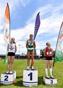 22 June 2019; Girls 1500m medallists, from left, Cara Laverty of Thornhill College, Co. Derry, Ava O’Connor of Scoil Chriost Ri, Portlaoise, Co Laois, gold, Joanne Loftus of J&M Gortnor Abbey Co. Mayo, bronze, during the Irish Life Health Tailteann Inter-provincial Games at Santry in Dublin. Photo by Sam Barnes/Sportsfile