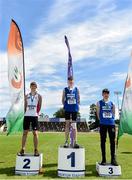 22 June 2019; Boys Triple Jump Medallists, from left, Joshua Knox of Belfast H.S, Co. Antrim, silver, Adam Turner of Colaiste Chriost Rì, Co. Cork, gold and Dillon Ryan of CBS Thurles, Co. Tipperary, bronze, during the Irish Life Health Tailteann Inter-provincial Games at Santry in Dublin. Photo by Sam Barnes/Sportsfile