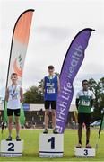 22 June 2019; Boys long jump medallists, from left, Adam Badger of Portadown College, Co. Armagh, silver, Adam Turner of Colaiste Chriost Rì, Co. Cork, gold, and Rayhan Issah of Terenure College, Co. Dublin, bronze,  during the Irish Life Health Tailteann Inter-provincial Games at Santry in Dublin. Photo by Sam Barnes/Sportsfile