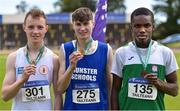 22 June 2019; Boys long jump medallists, from left, Adam Badger of Portadown College, Co. Armagh, silver, Adam Turner of Colaiste Chriost Rì, Co. Cork, gold, and Rayhan Issah of Terenure College, Co. Dublin, bronze,  during the Irish Life Health Tailteann Inter-provincial Games at Santry in Dublin. Photo by Sam Barnes/Sportsfile