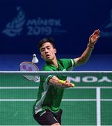 24 June 2019; Nhat Nguyen of Ireland in action against Daniel Nikolov of Bulgaria during their Men's Badminton Singles group stage match at Falcon Club on Day 4 of the Minsk 2019 2nd European Games in Minsk, Belarus. Photo by Seb Daly/Sportsfile