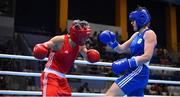 24 June 2019; Michaela Walsh of Ireland, right, in action against Lacramioara Perijoc of Romania, left, during their Women’s Featherweight bout at Uruchie Sports Palace on Day 4 of the Minsk 2019 2nd European Games in Minsk, Belarus. Photo by Seb Daly/Sportsfile