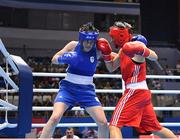 24 June 2019; Michaela Walsh of Ireland, left, in action against Lacramioara Perijoc of Romania, right, during their Women’s Featherweight bout at Uruchie Sports Palace on Day 4 of the Minsk 2019 2nd European Games in Minsk, Belarus. Photo by Seb Daly/Sportsfile