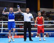 24 June 2019; Michaela Walsh of Ireland, left, celebrates following her victory against Lacramioara Perijoc of Romania, right, during their Women’s Featherweight bout at Uruchie Sports Palace on Day 4 of the Minsk 2019 2nd European Games in Minsk, Belarus. Photo by Seb Daly/Sportsfile